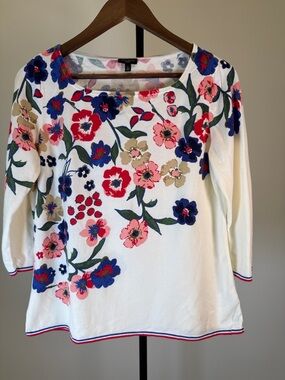 Talbots White Floral Knit Top with Pink, Red & Blue Accents | Size L